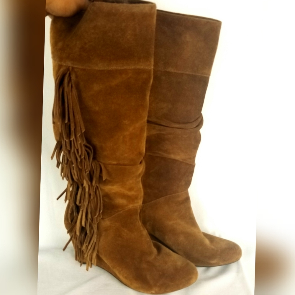 Gianni Bini Tall Wedge Fringe Suede Boots